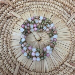 Unakite Rhodonite White Jade Beaded Wrap Bracelet Boho Southwestern Artisan